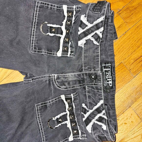 VINTAGE TRIPP size 7 Hot Topic UFO black and white lace wide leg parachute pants - Picture 6 of 11